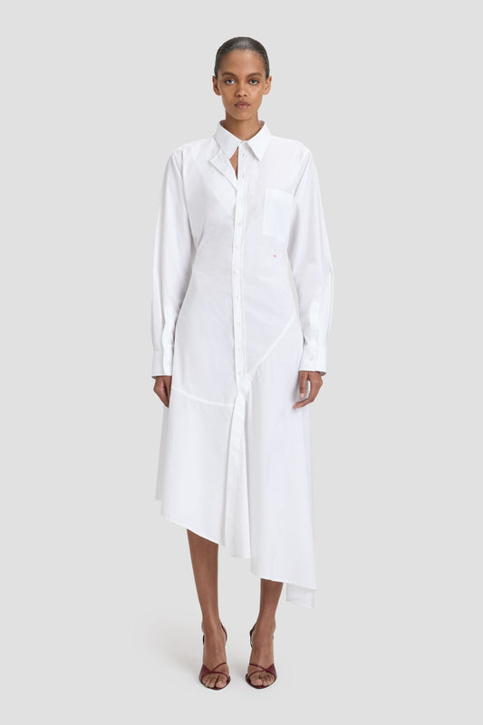 Panelled Shirt Dress In White