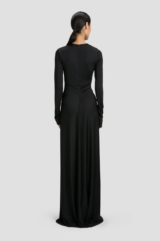 Long Sleeve Deep V-Neck Gown In Black