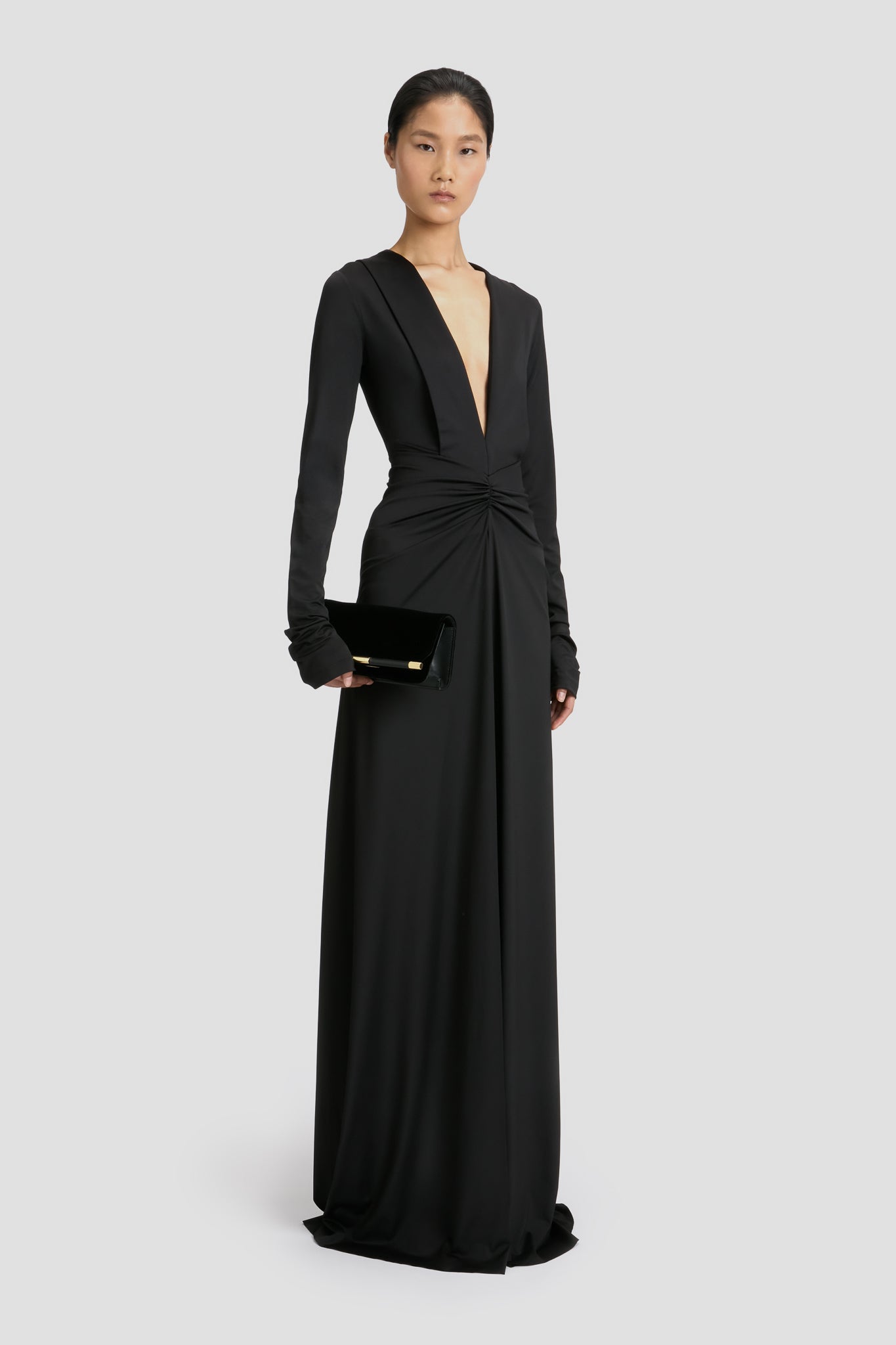 Long Sleeve Deep V-Neck Gown In Black