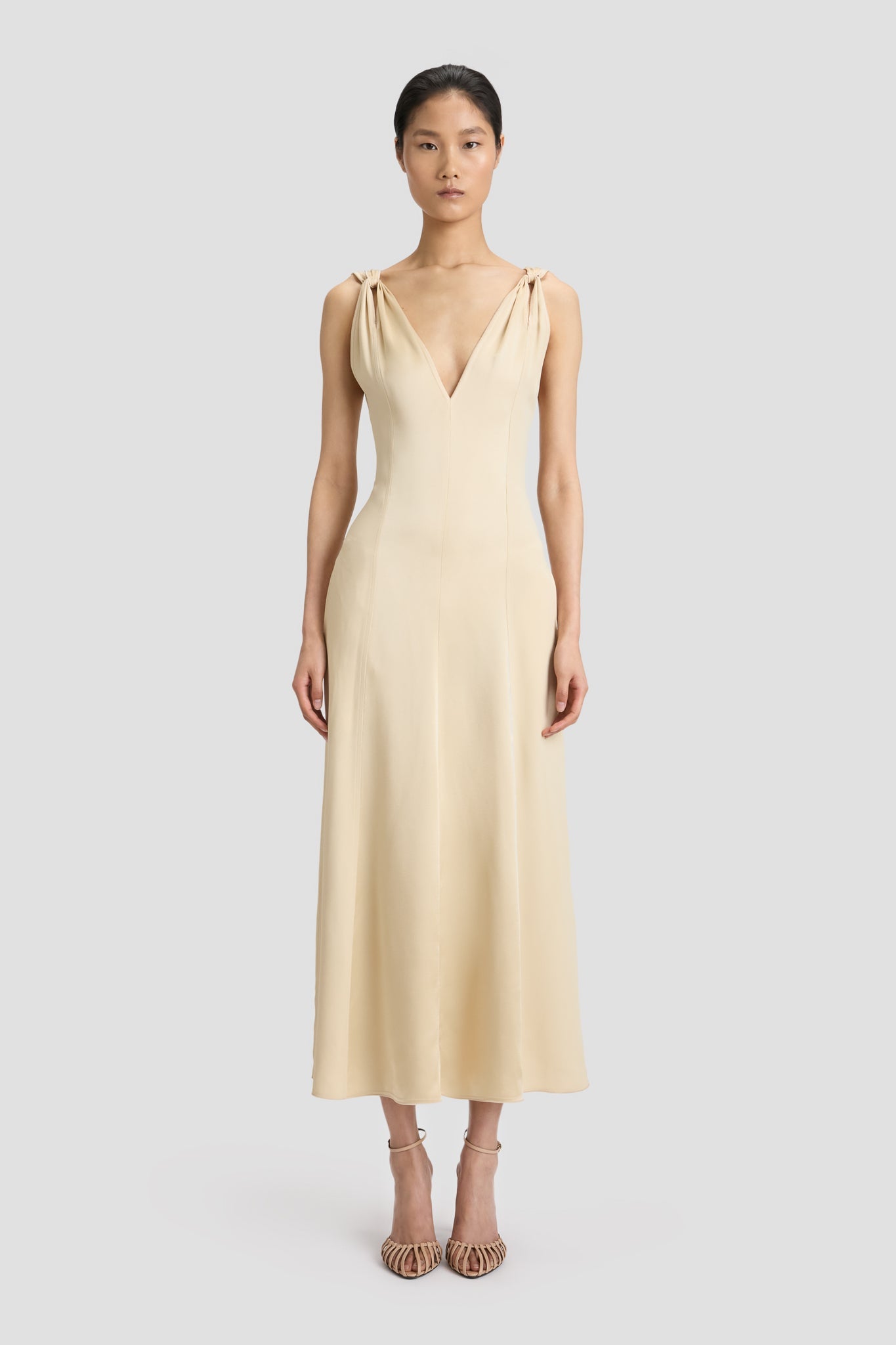 Twist Shoulder Dress In Macadamia