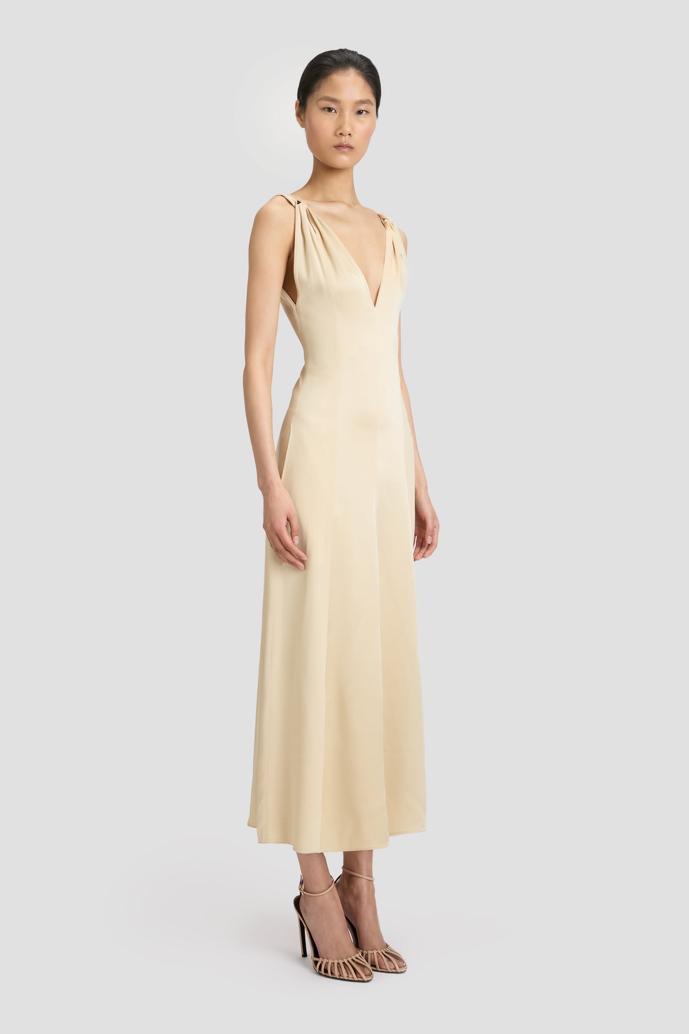 Twist Shoulder Dress In Macadamia