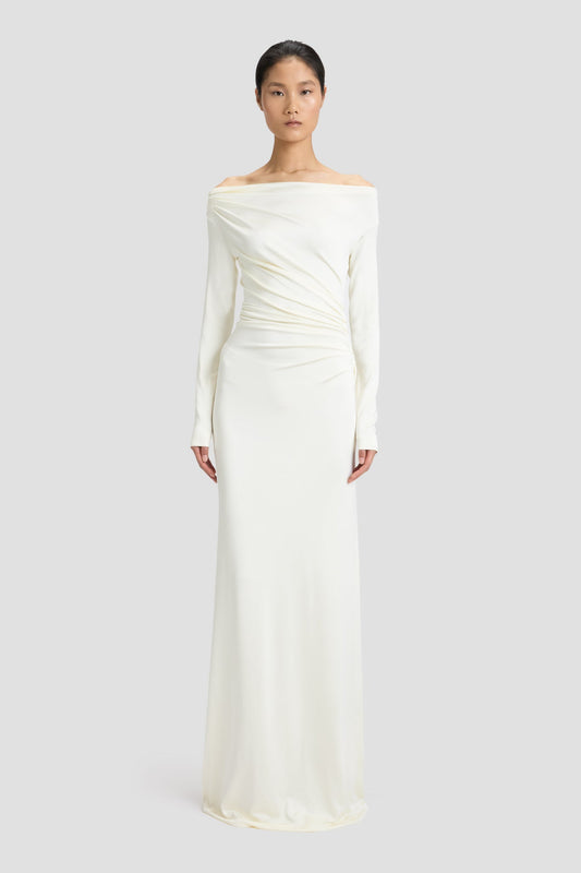 Off-Shoulder Draped Gown In Ivory