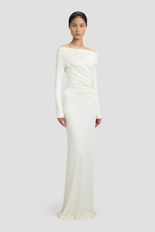 Off-Shoulder Draped Gown In Ivory