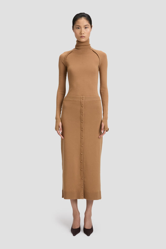 Button Detail Midi Skirt In Camel