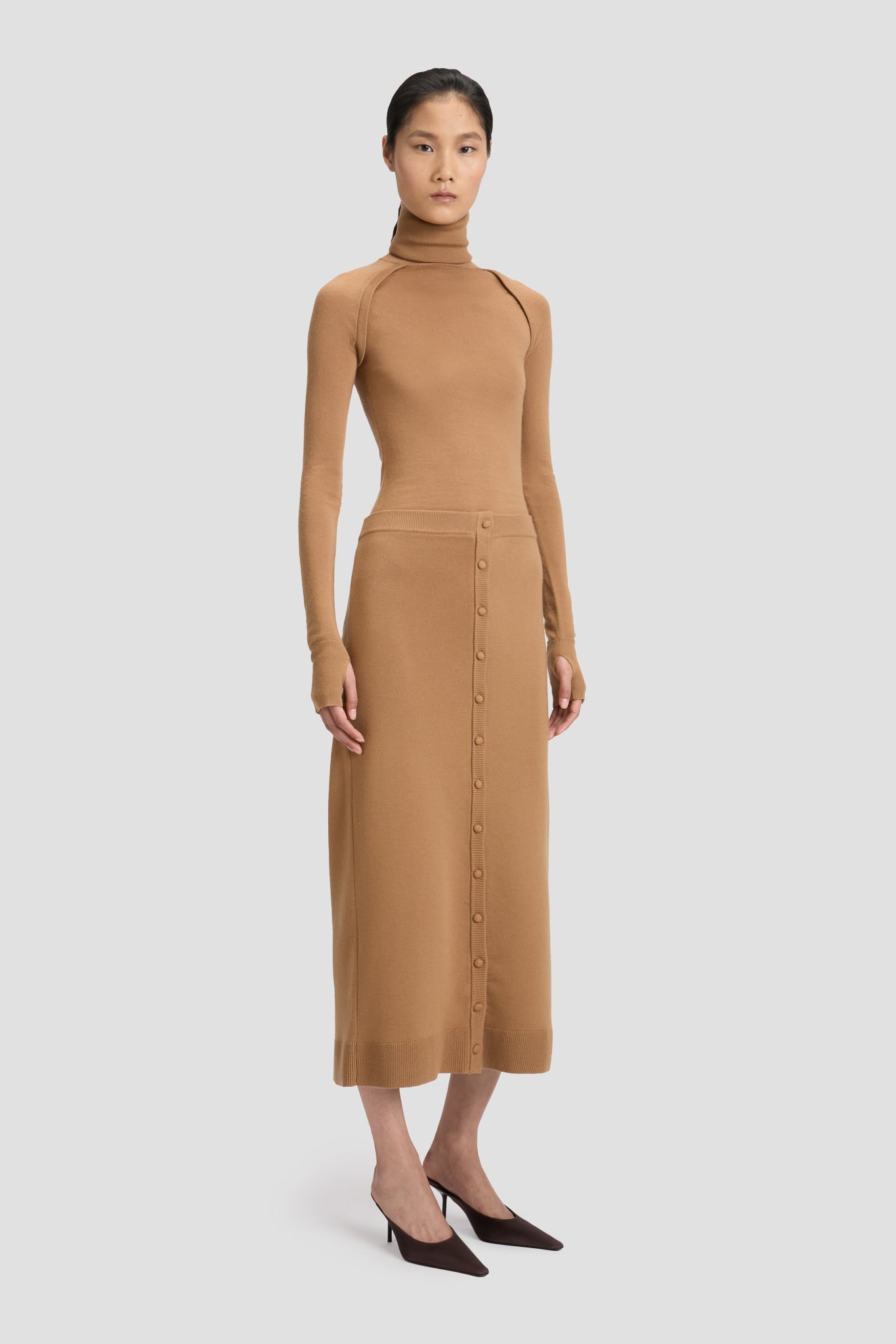 Button Detail Midi Skirt In Camel