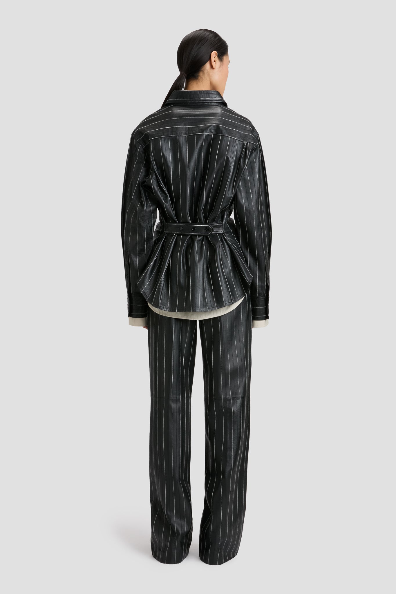 Tab Detail Leather Shirt In Black-Ivory