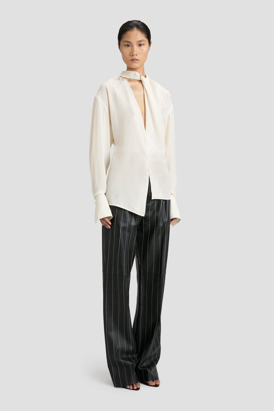 Double Pleat Leather Trouser In Black-Ivory
