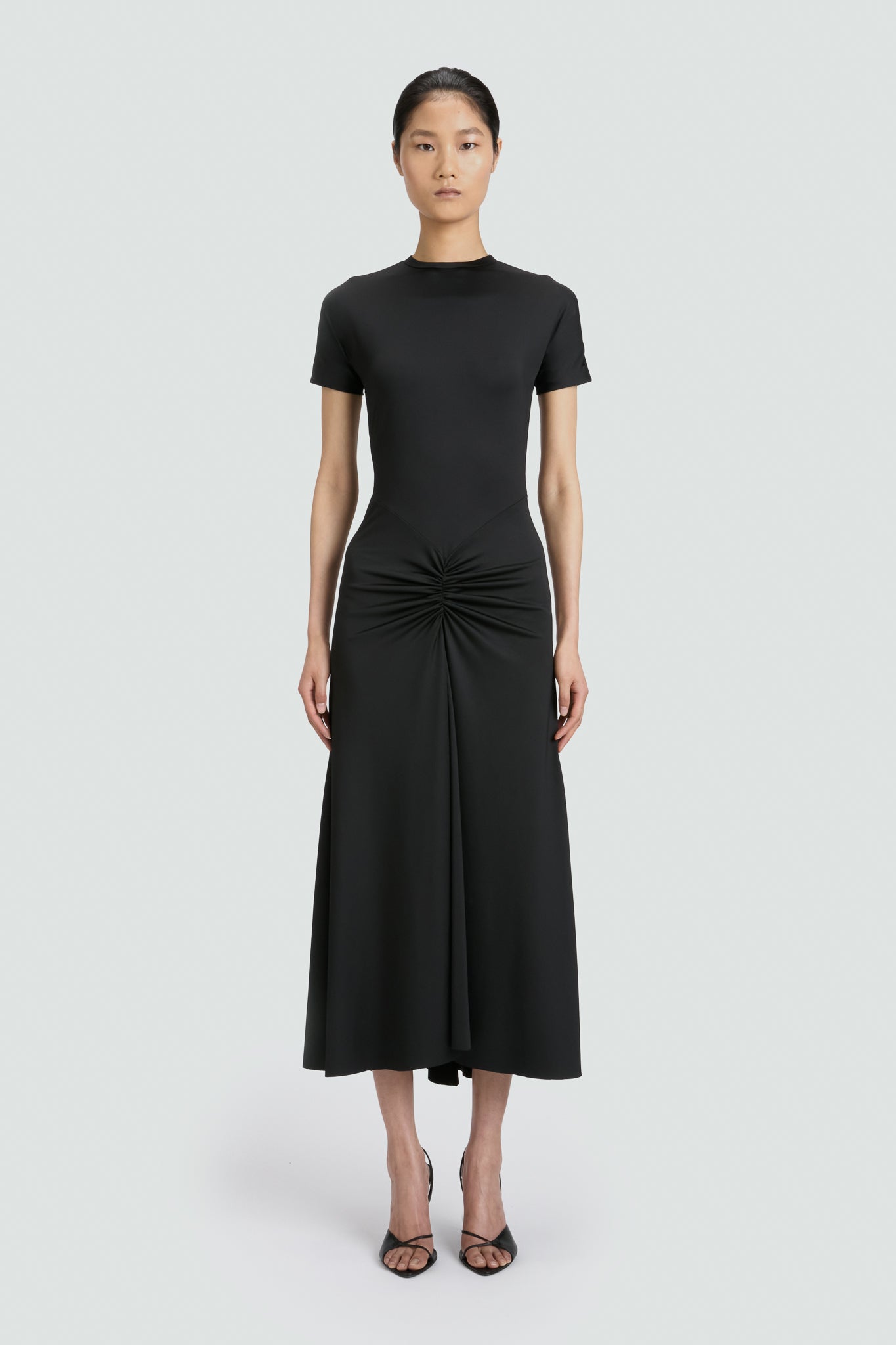 Gathered Waist T-Shirt Midi Dress In Black