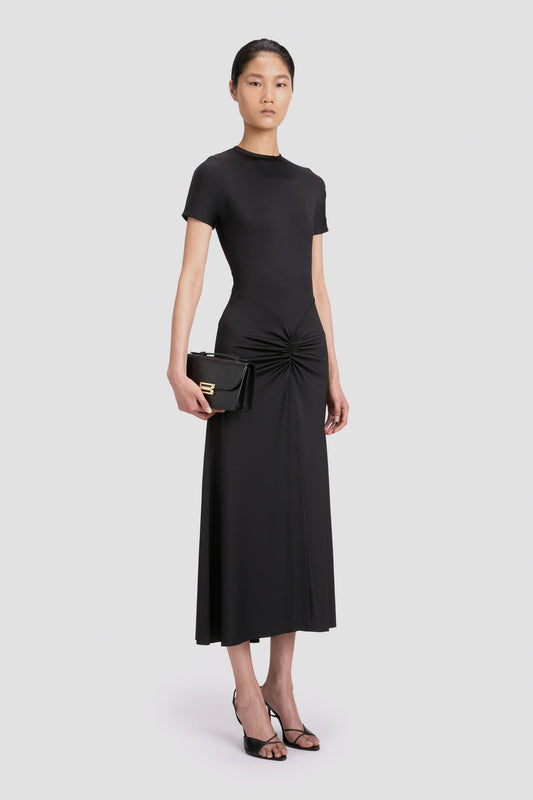 Gathered Waist T-Shirt Midi Dress In Black