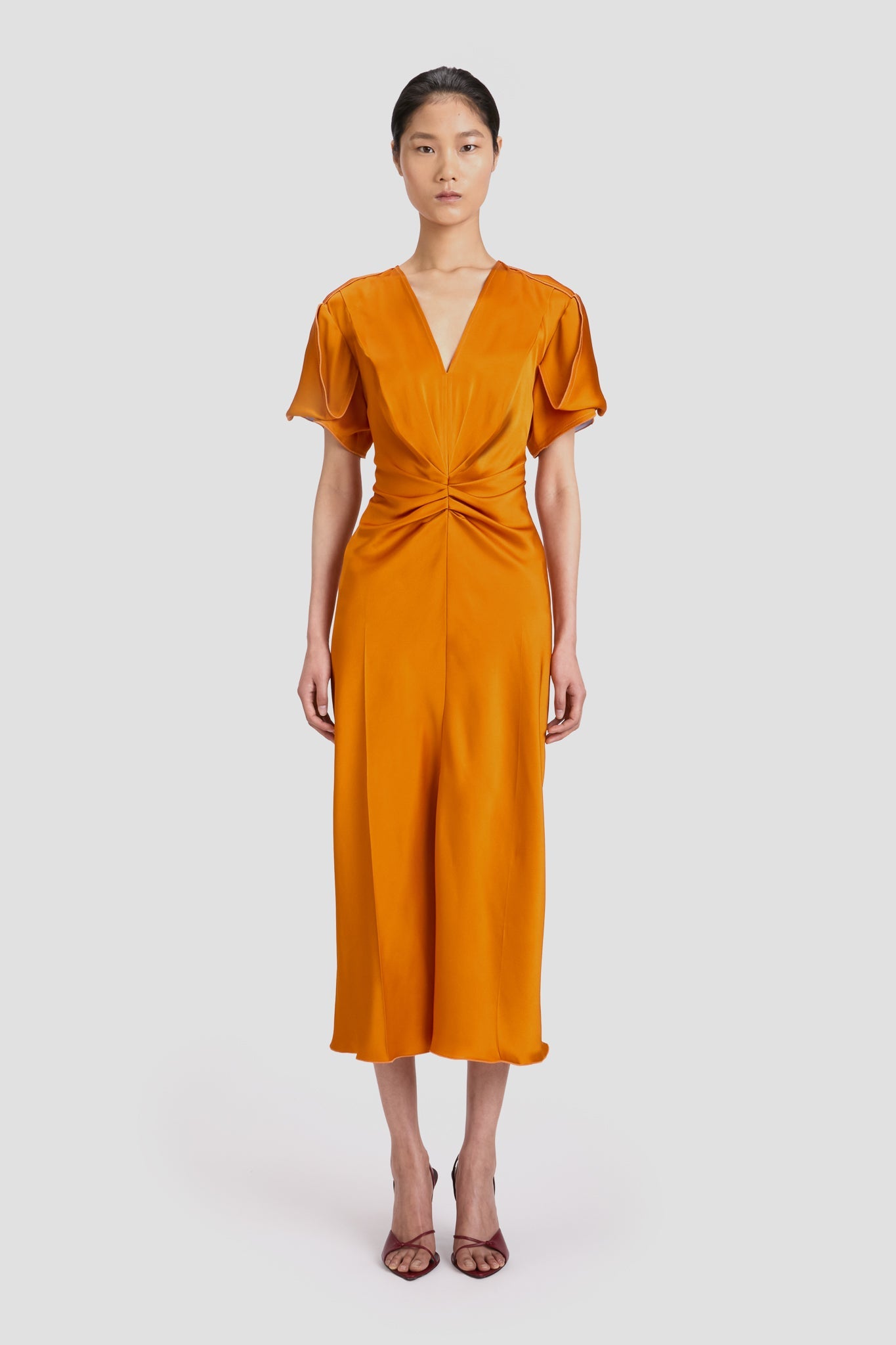 Gathered V-Neck Midi Dress In Sunset Orange