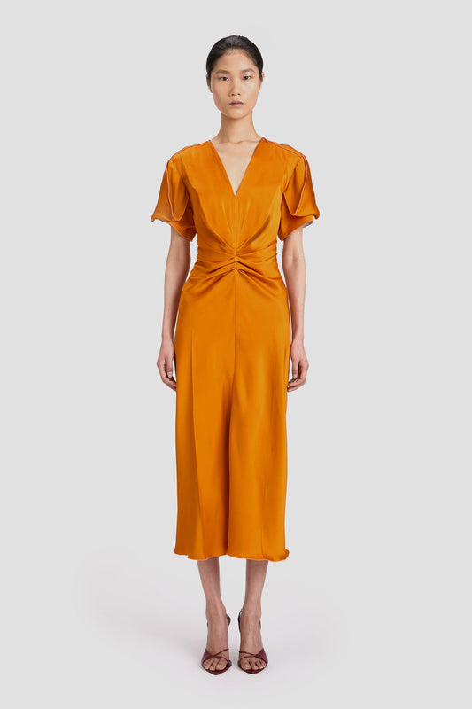 Gathered V-Neck Midi Dress In Sunset Orange