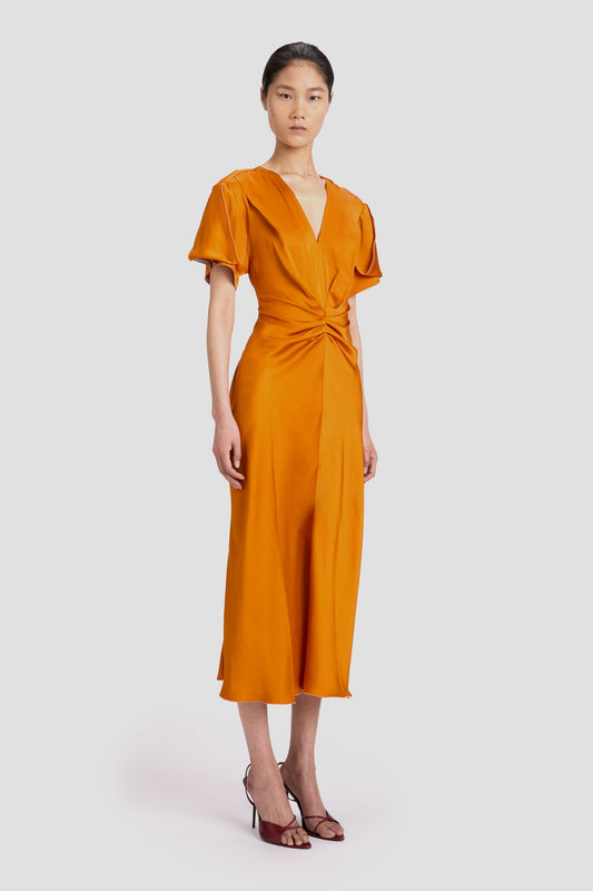 Gathered V-Neck Midi Dress In Sunset Orange
