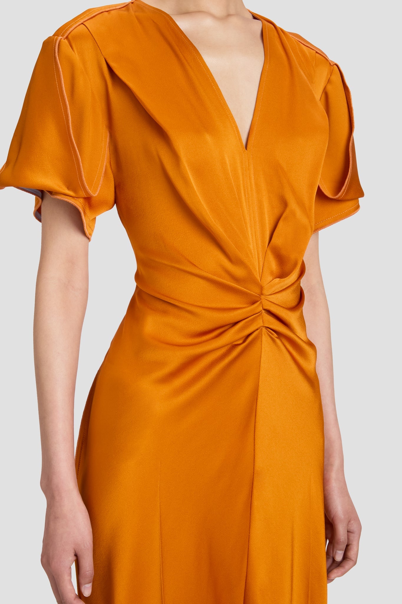 Gathered V-Neck Midi Dress In Sunset Orange