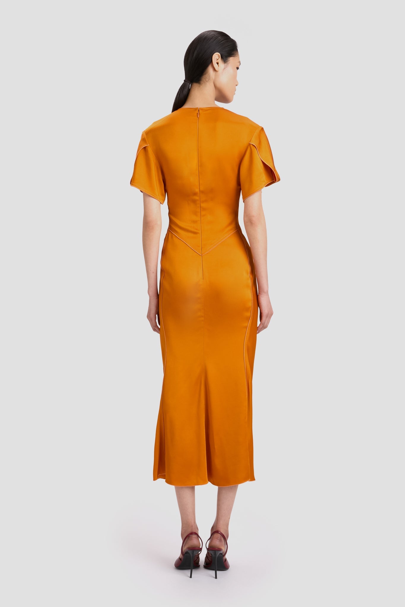 Gathered V-Neck Midi Dress In Sunset Orange