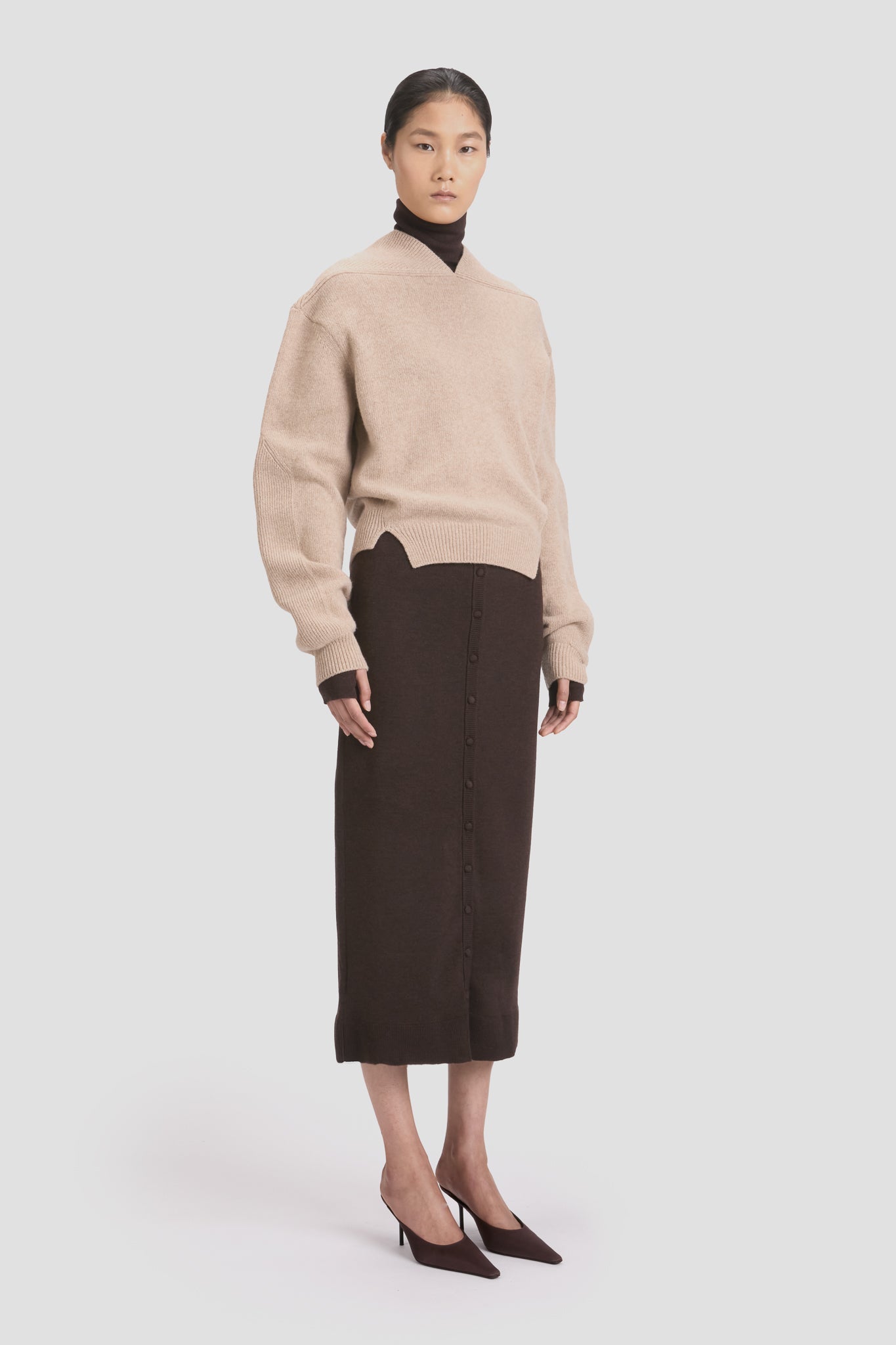 V-Neck Yoke Detail Jumper In Sand