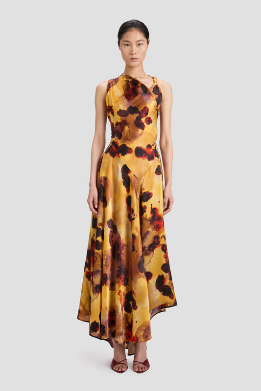 Sleeveless Draped Midi Dress In Amber Floral Print