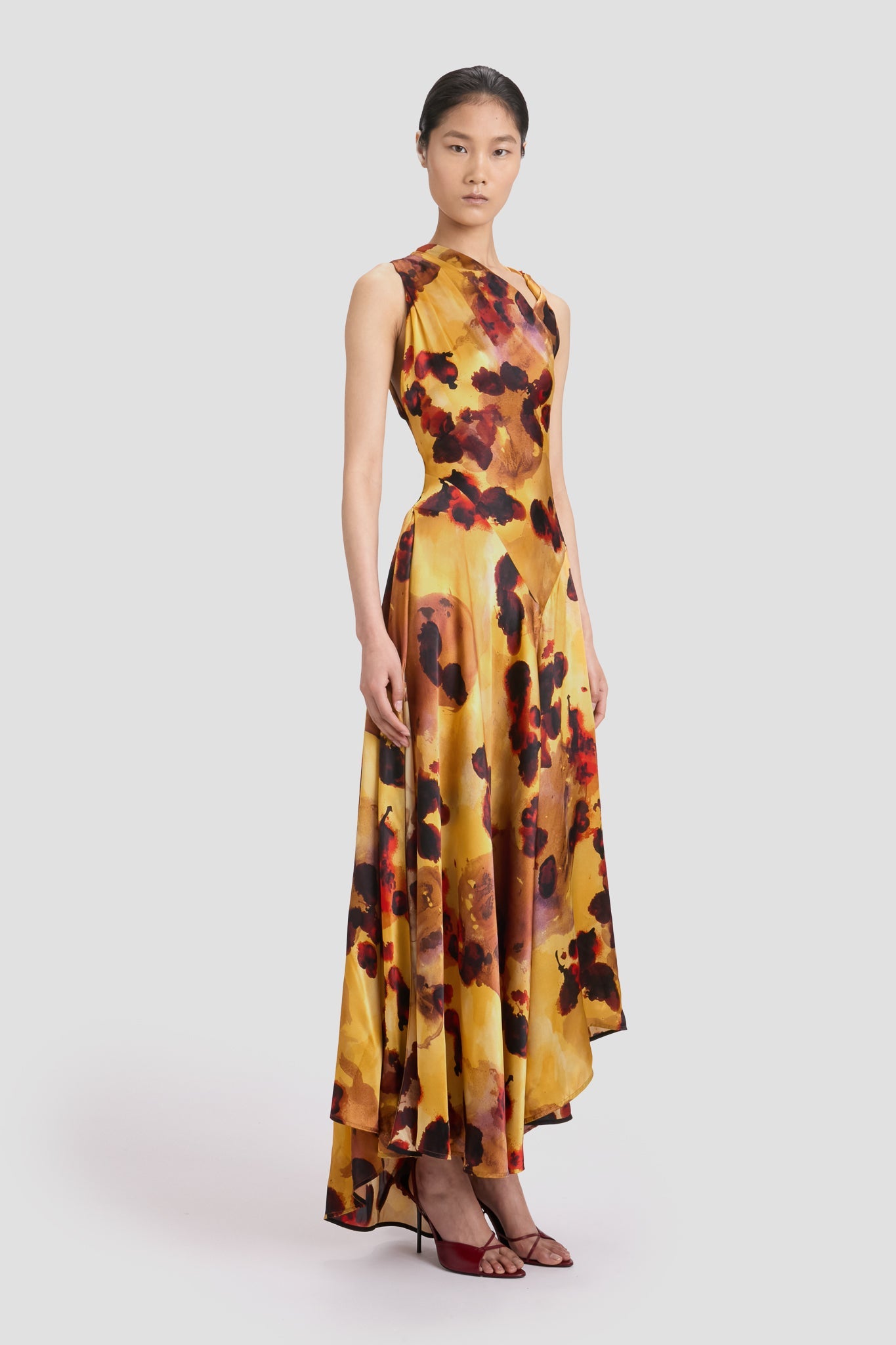 Sleeveless Draped Midi Dress In Amber Floral Print