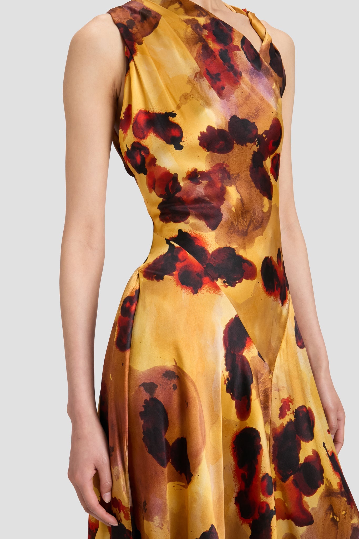 Sleeveless Draped Midi Dress In Amber Floral Print