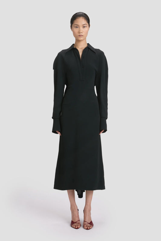 Long Sleeve Polo Collar Midi Dress In Black