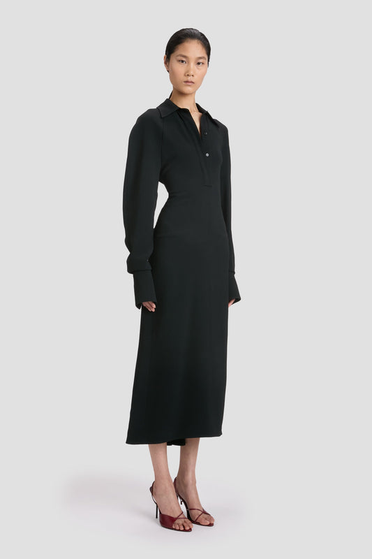 Long Sleeve Polo Collar Midi Dress In Black