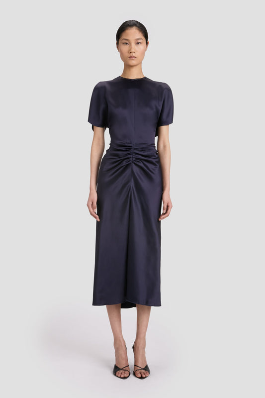 Gathered Waist Midi Dress In Midnight