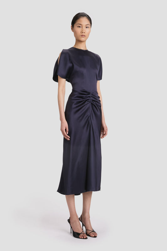 Gathered Waist Midi Dress In Midnight