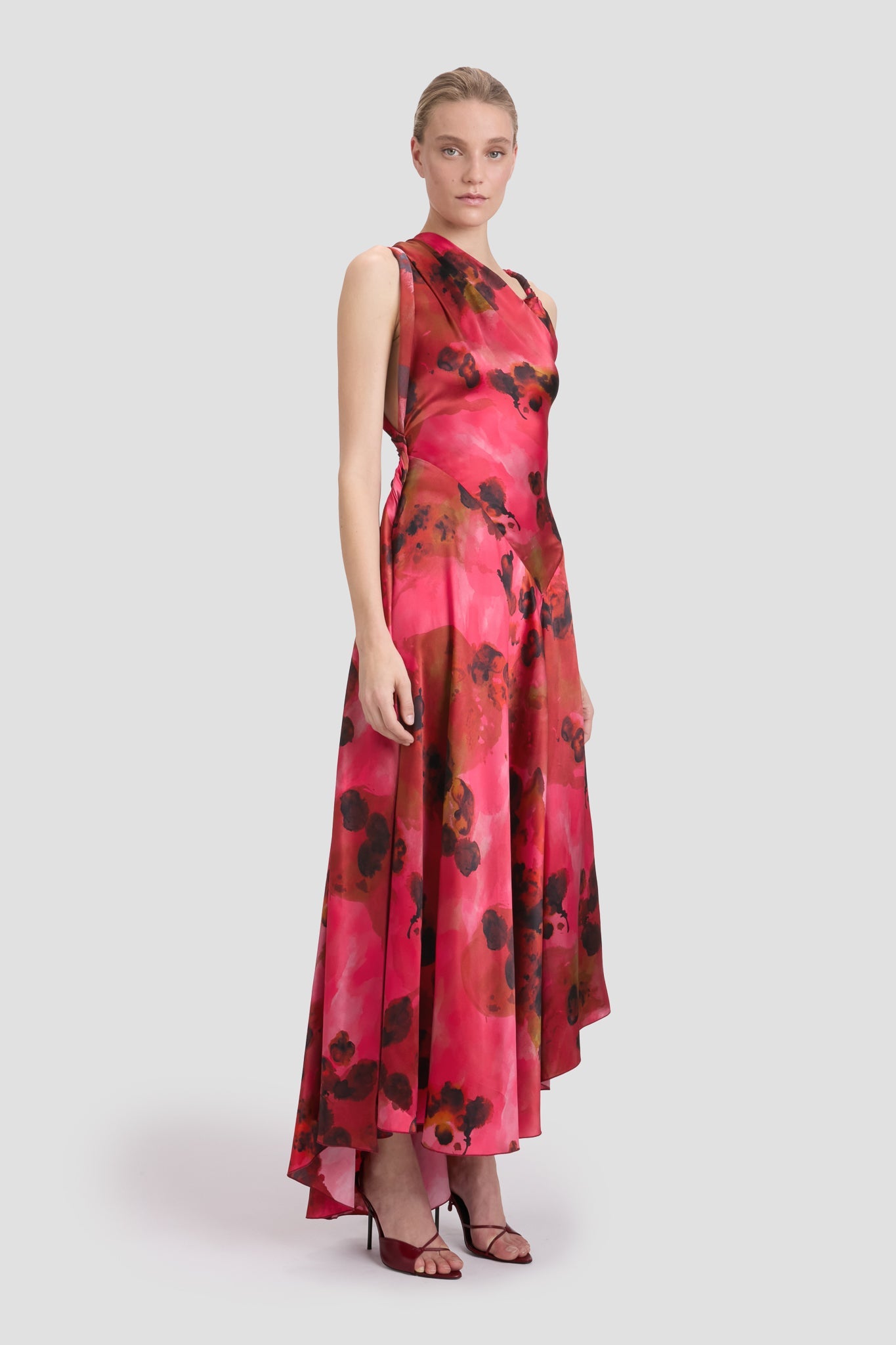 Sleeveless Draped Midi Dress In Raspberry Floral Print
