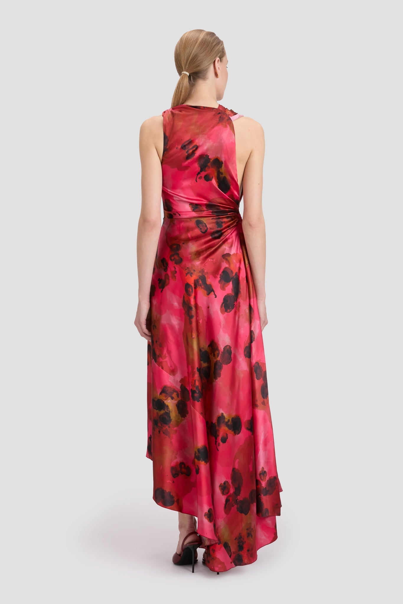 Sleeveless Draped Midi Dress In Raspberry Floral Print
