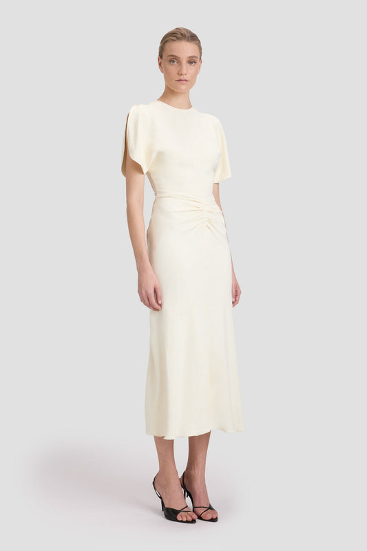 Gathered Waist Midi Dress In Ivory
