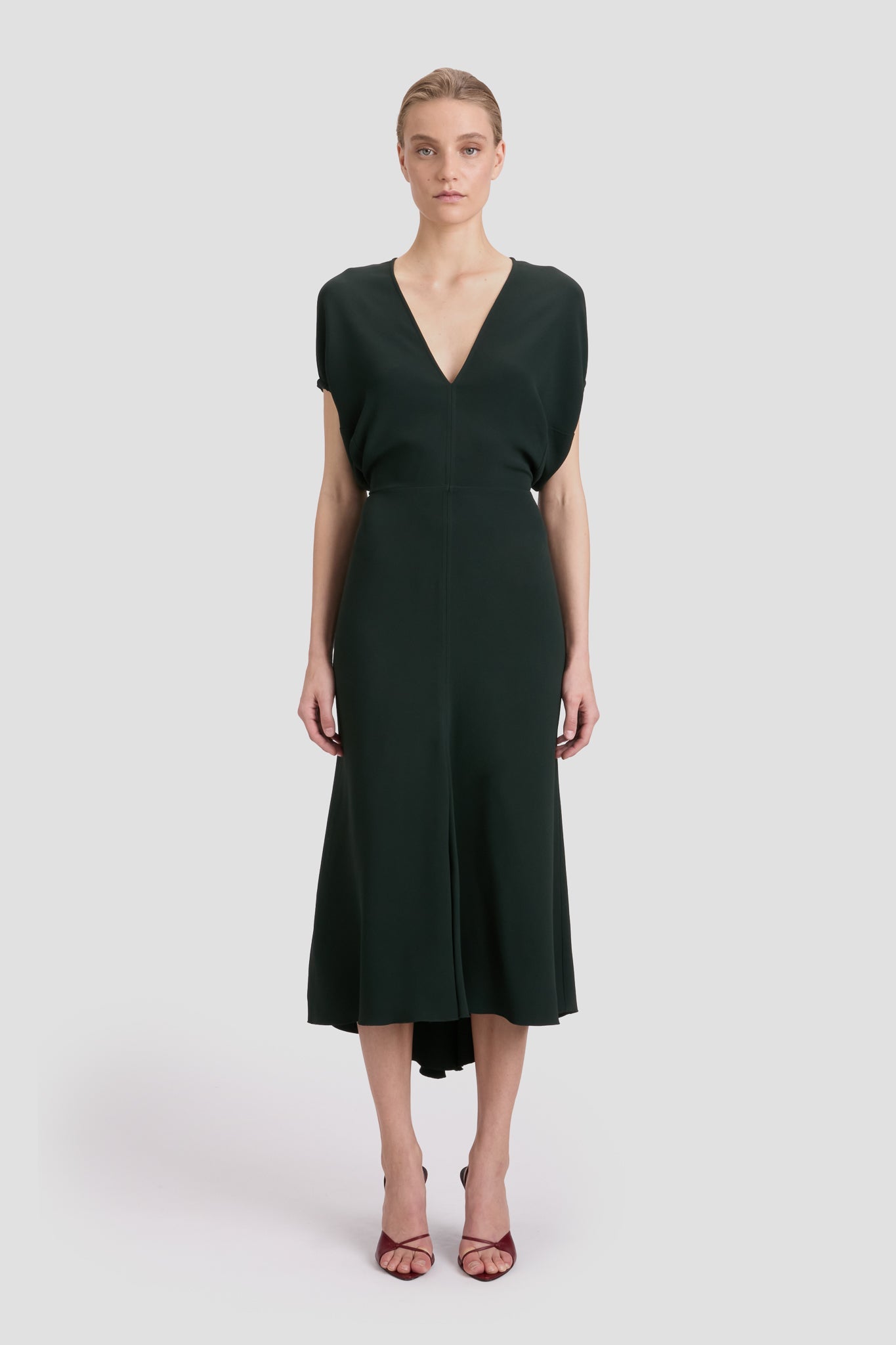Blouson Detail Midi Dress In Dark Pine