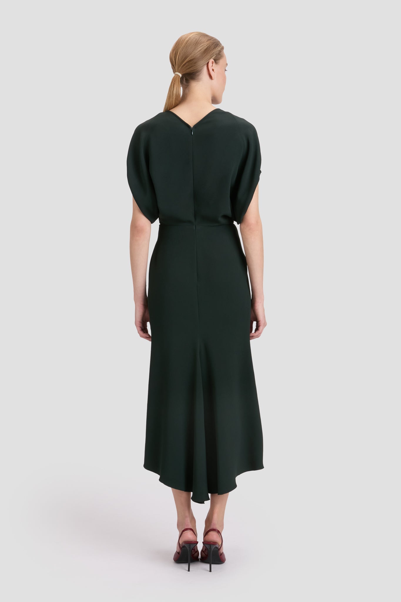 Blouson Detail Midi Dress In Dark Pine
