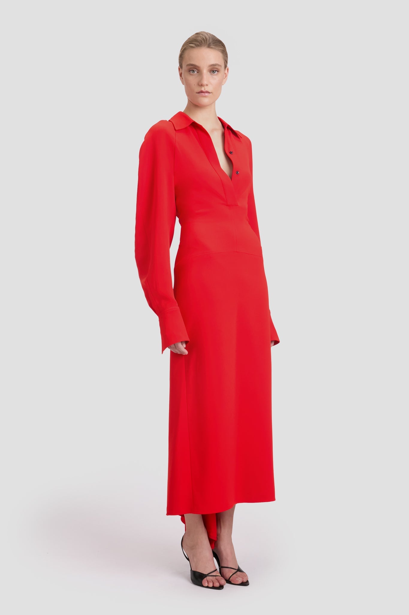 Long Sleeve Polo Collar Midi Dress In Tomato Red