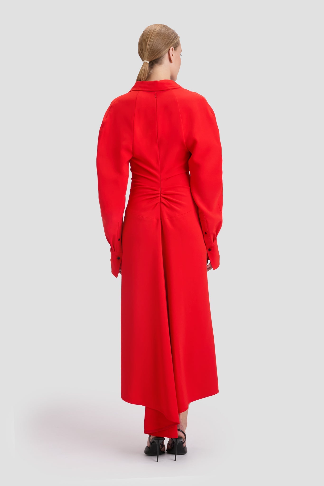 Long Sleeve Polo Collar Midi Dress In Tomato Red