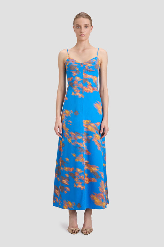 Cami Fit And Flare Midi Dress In Blue Abstract Floral Print