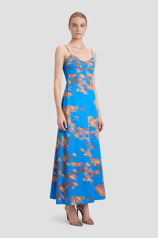 Cami Fit And Flare Midi Dress In Blue Abstract Floral Print