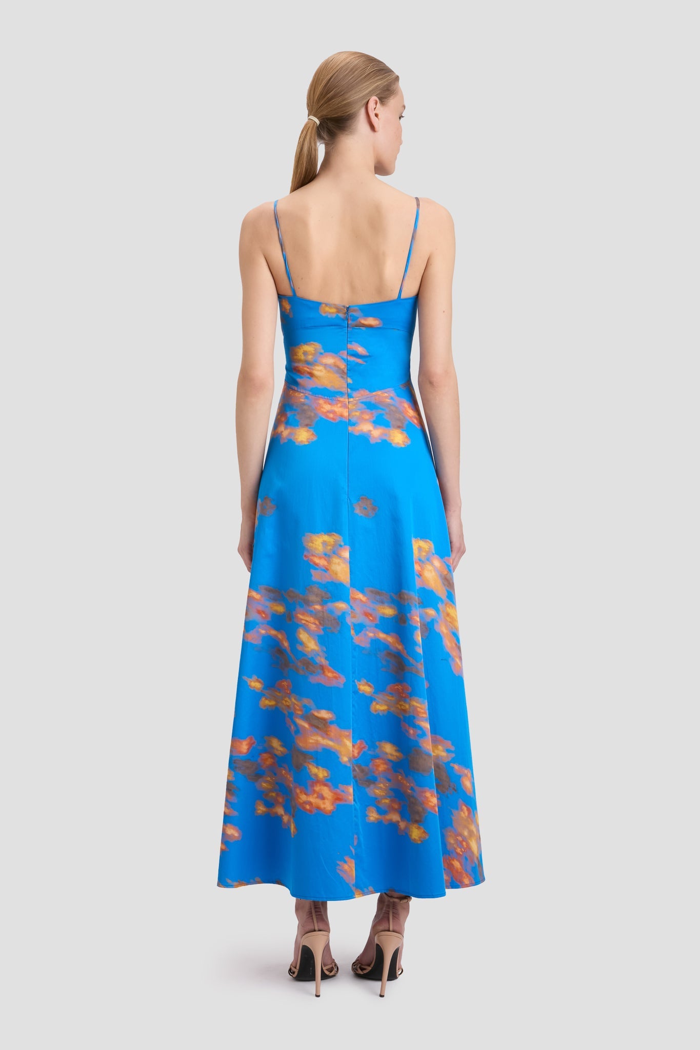 Cami Fit And Flare Midi Dress In Blue Abstract Floral Print