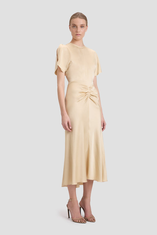 Gathered Waist Midi Dress In Macadamia