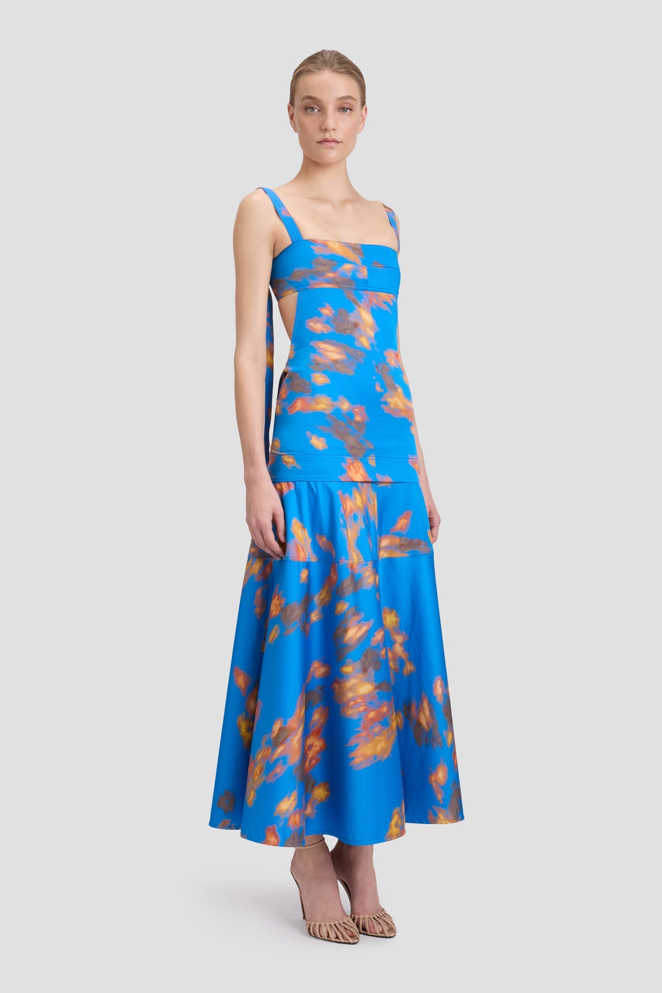 Panelled Maxi Skirt In Blue Abstract Floral Print