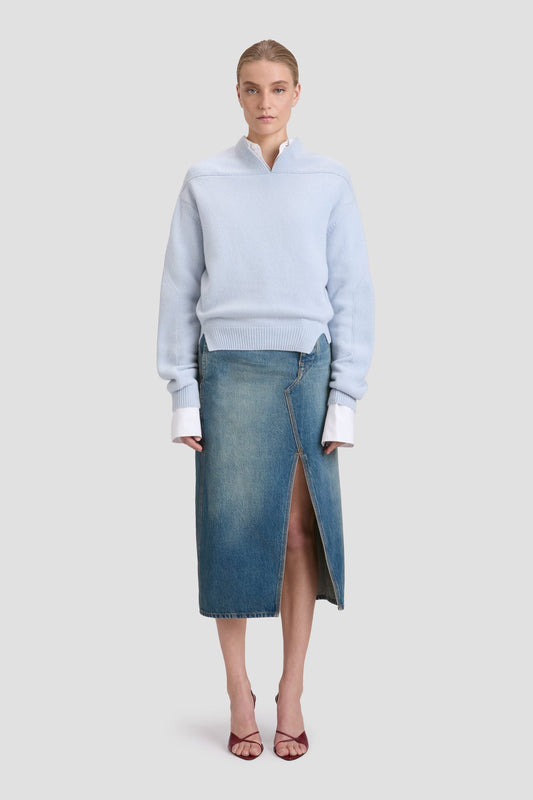 V-Neck Yoke Detail Jumper In Delphinium Blue