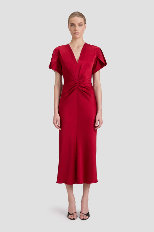 Gathered V-Neck Midi Dress In Rose