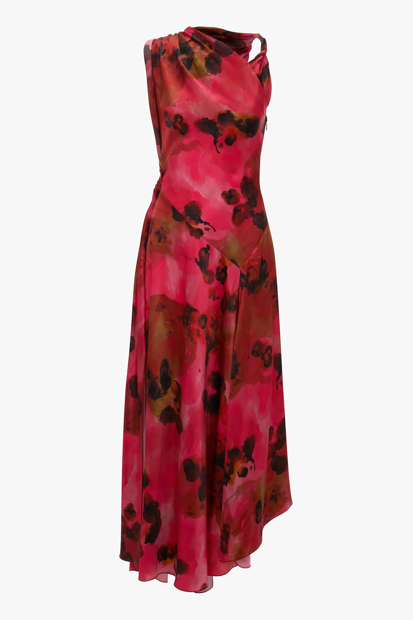 Sleeveless Draped Midi Dress In Raspberry Floral Print
