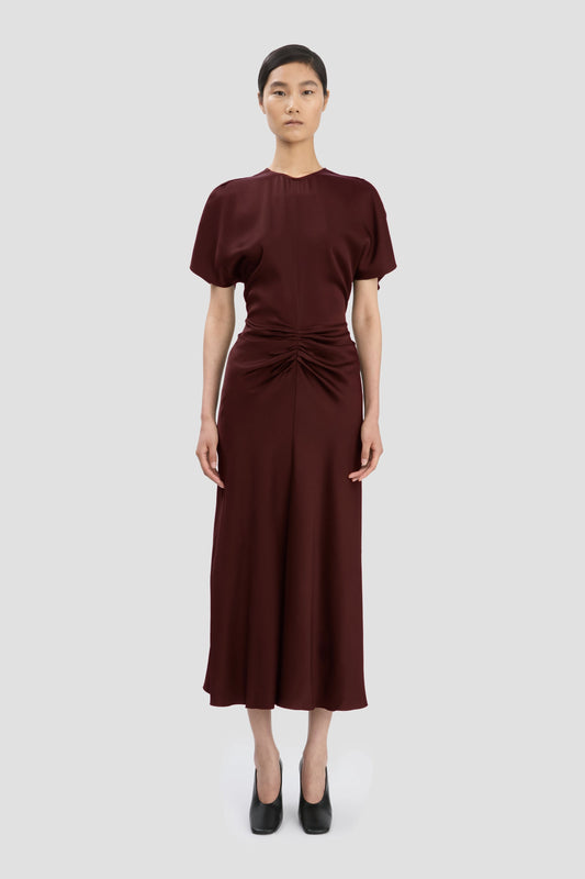 Gathered Waist Midi Dress In Merlot