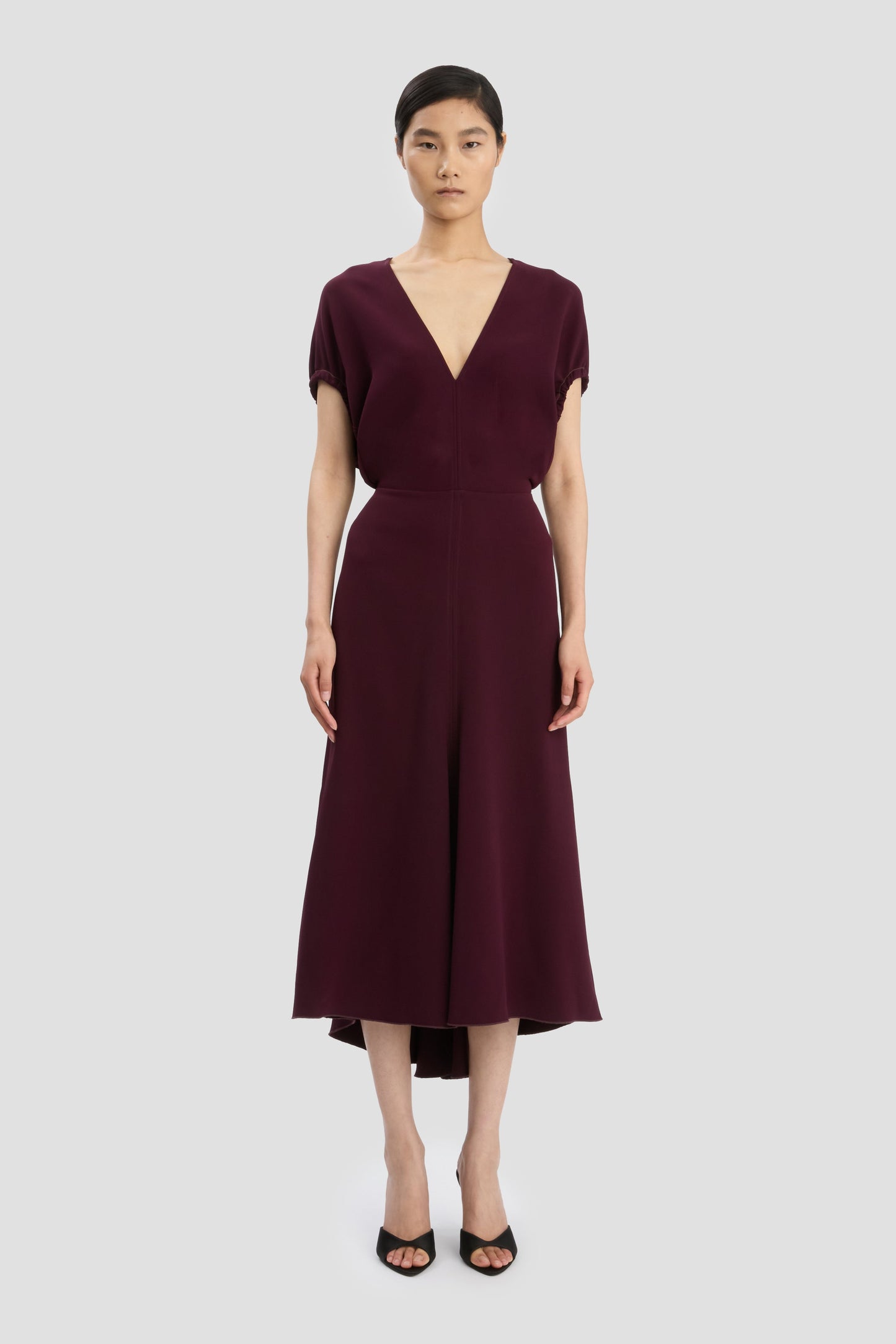 Blouson Detail Midi Dress In Merlot
