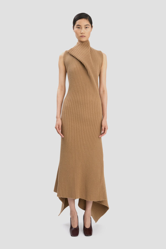 Draped Sleeveless Rib Midi Dress In Dark Camel