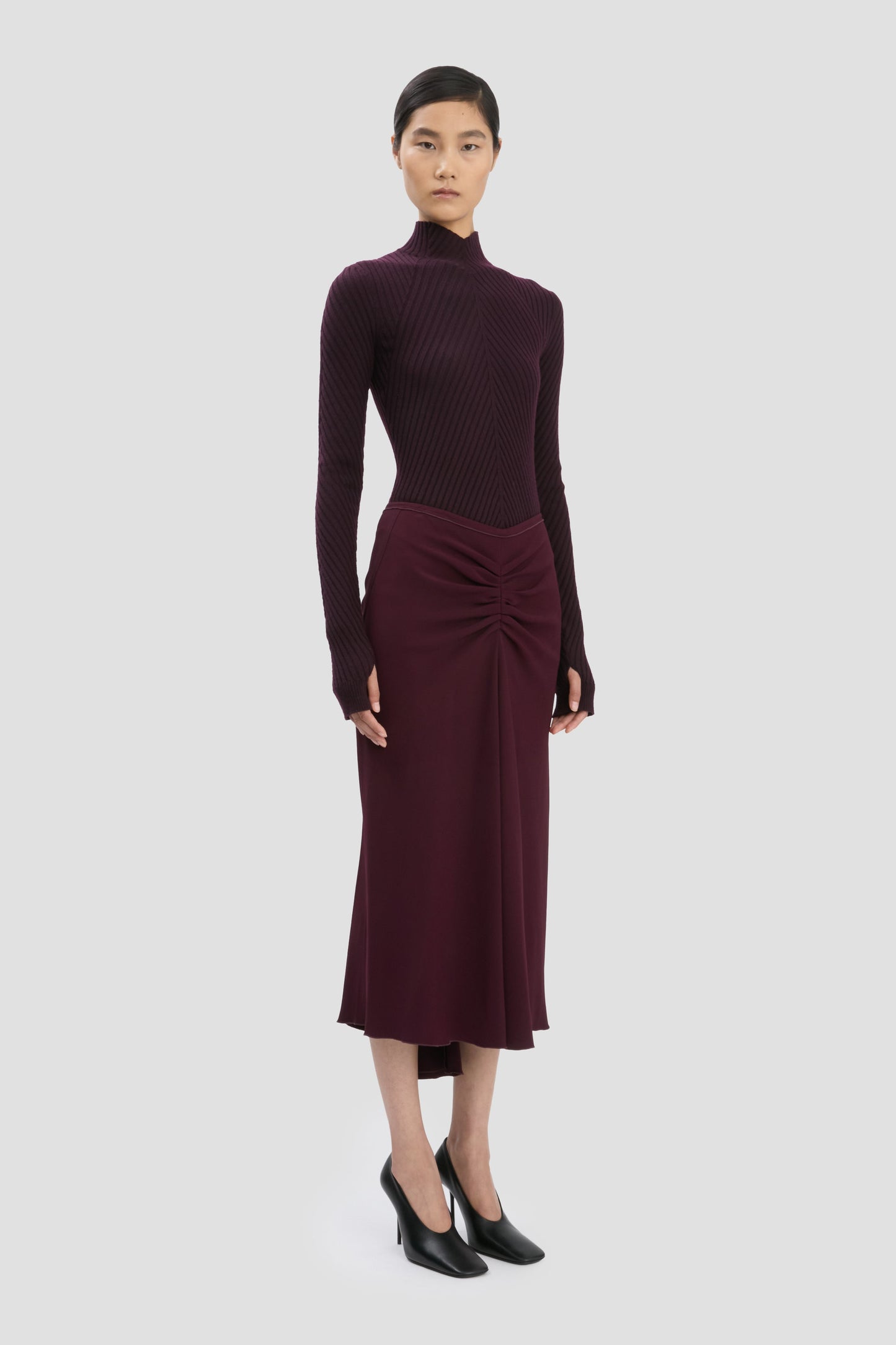 Gathered Waist Midi Skirt In Merlot