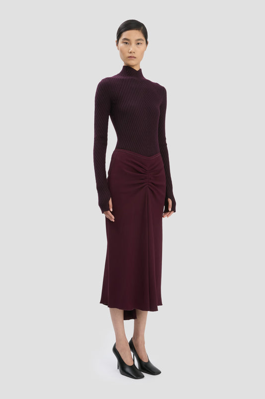 Gathered Waist Midi Skirt In Merlot
