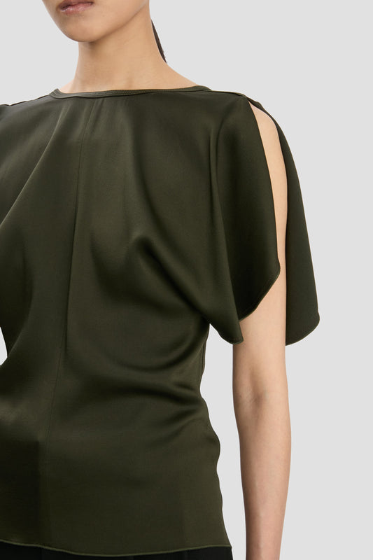 Draped Sleeve Top In Dark Olive