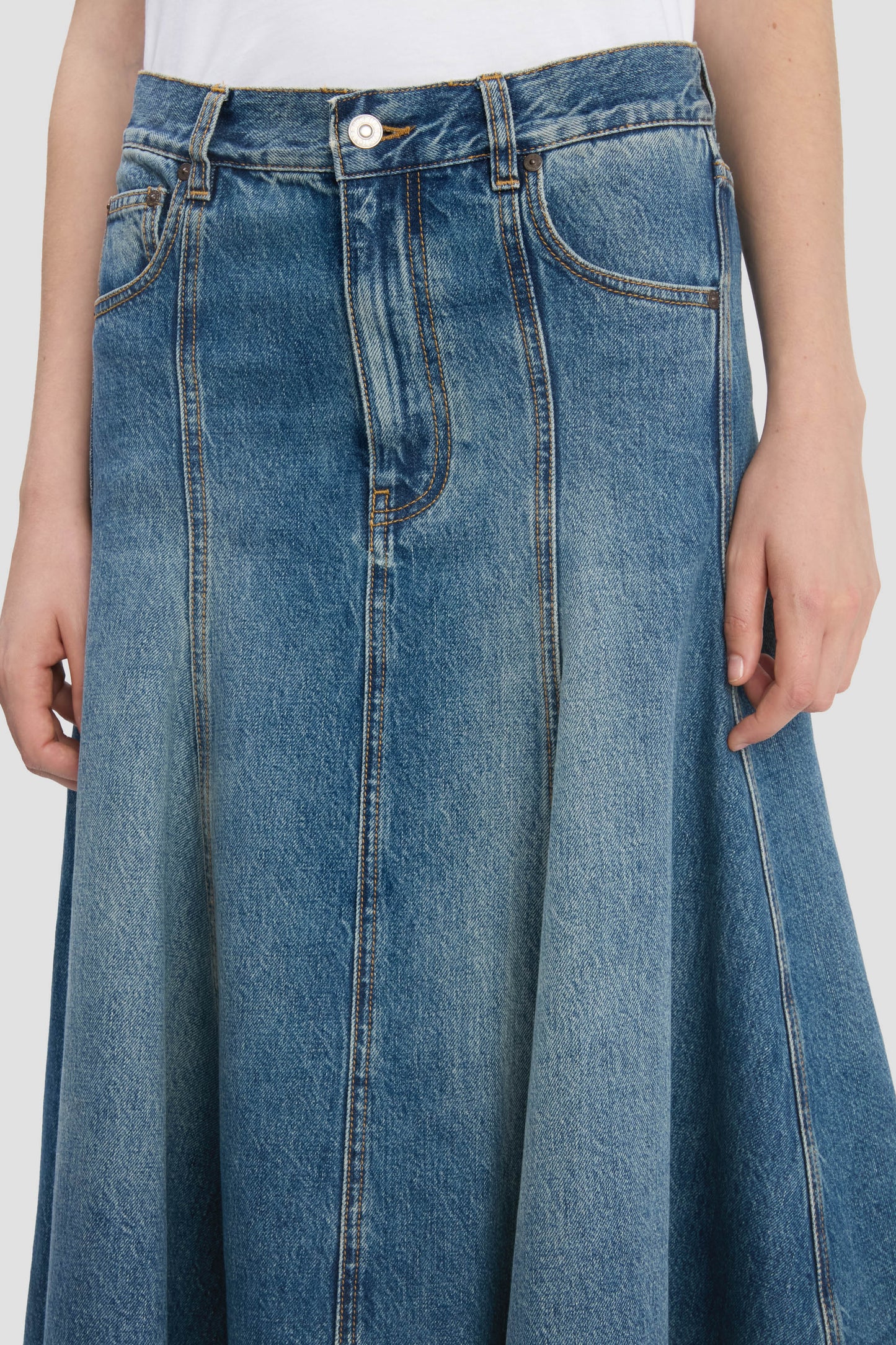 Panelled Kick Detail Skirt In Classic Blue Wash