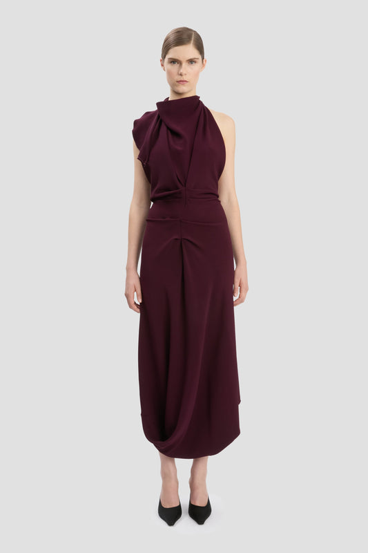 Backless Scarf Detail Midi Dress In Merlot