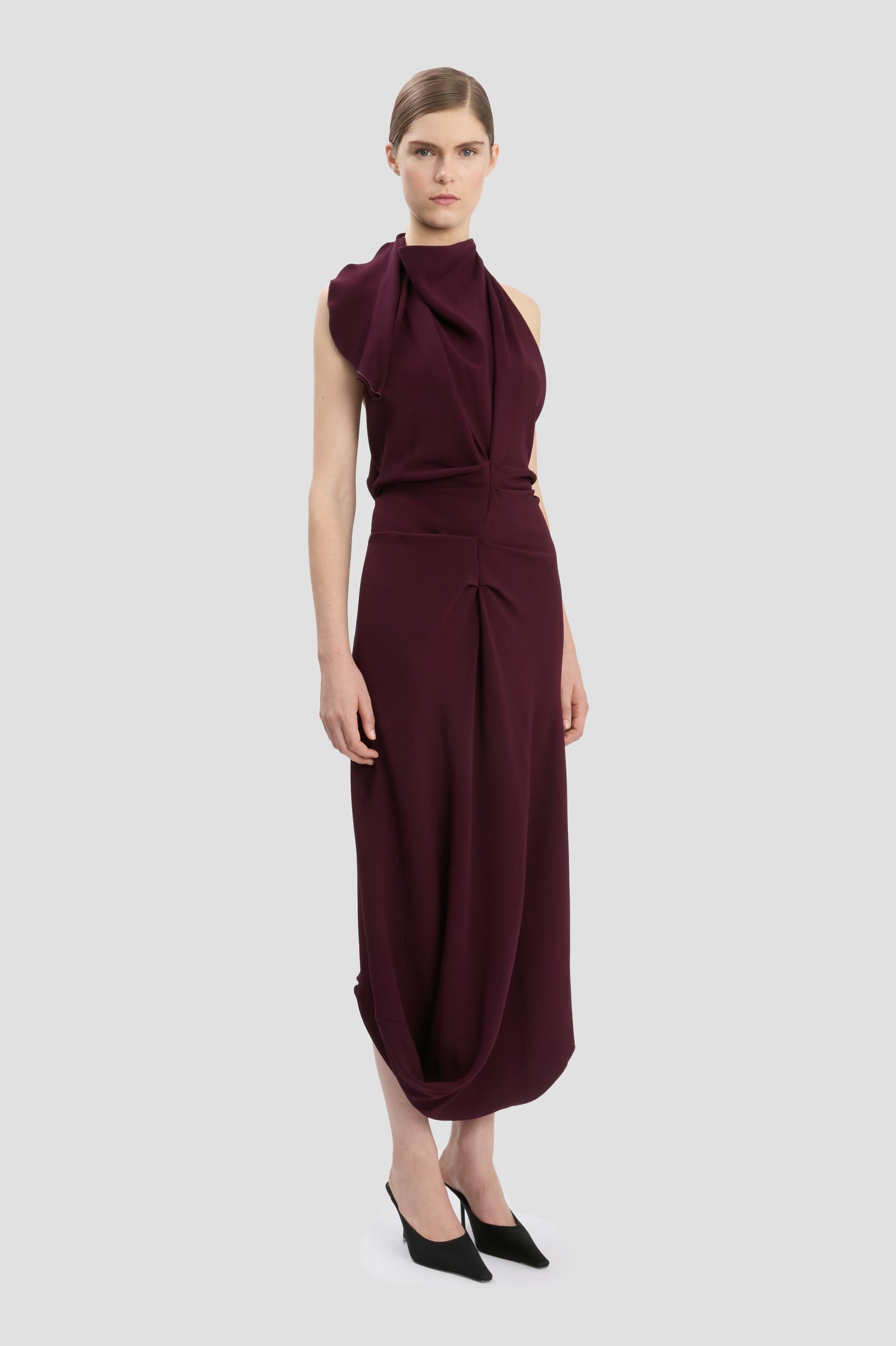 Backless Scarf Detail Midi Dress In Merlot
